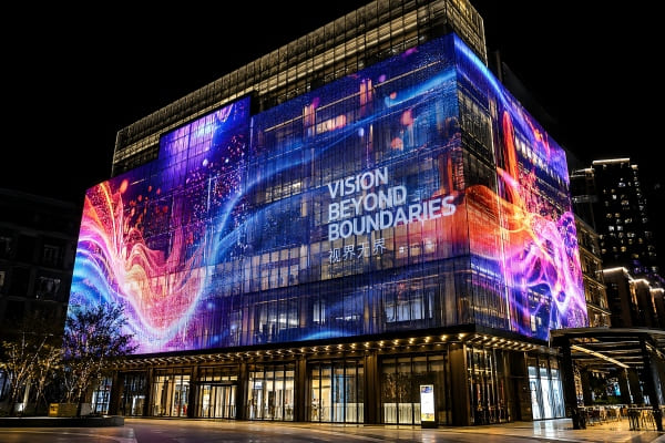 A large building facade displaying colorful video on a transparent LED mesh screen at night